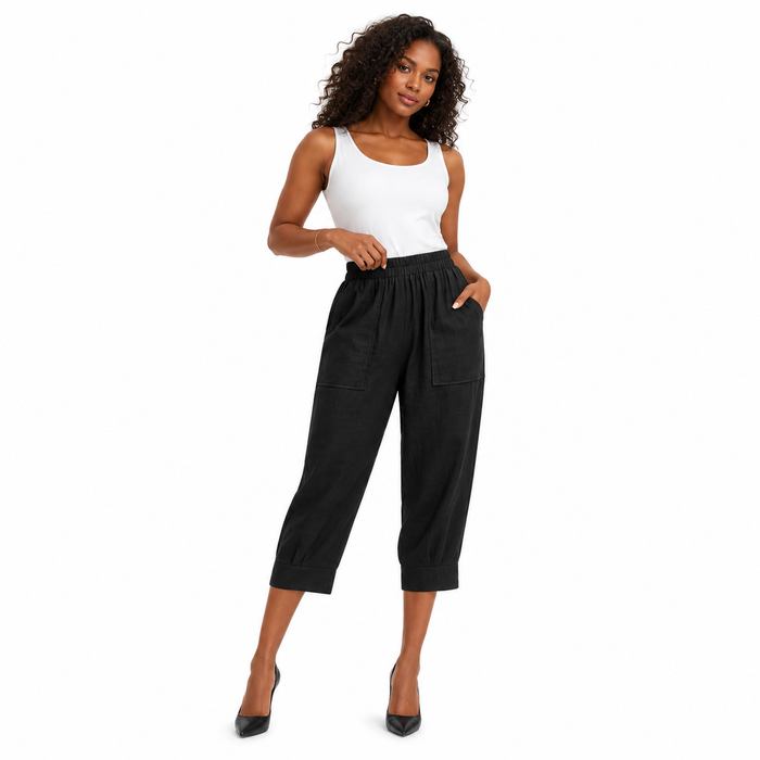 Women's solid-color cropped pants with a relaxed fit, elastic mid-rise waist and large pockets for versatile commuter outfits