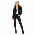 Women's faux suede jacket in black with a short slim-fit silhouette, regular sleeves and practical pockets for elegant looks.