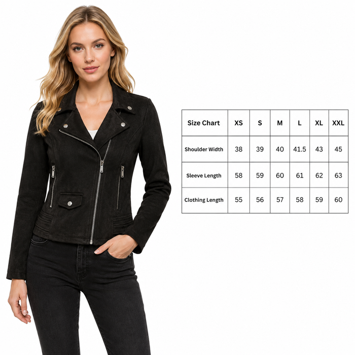 Women's faux suede jacket in an elegant commuter style with a short slim fit, pockets and regular sleeves in sizes XS to XXL.