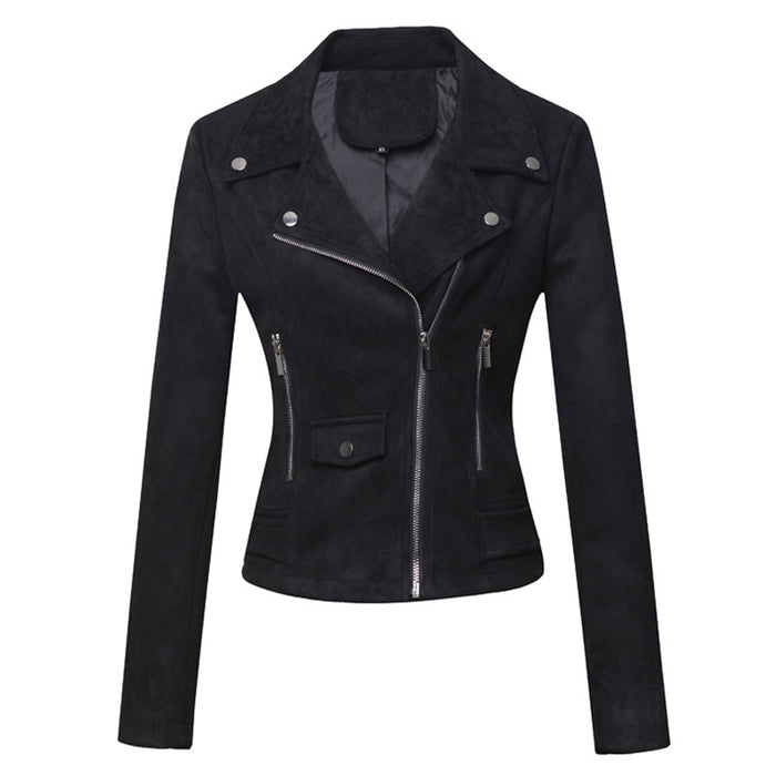 Women's short faux suede jacket, shown with pocket details, slim-fit shaping and regular sleeves for a refined everyday look.