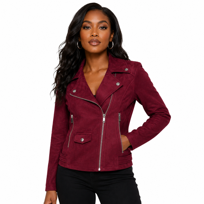 Wine red women's faux suede jacket with a short slim-fit shape, regular sleeves and pockets for refined daily outfit styling.