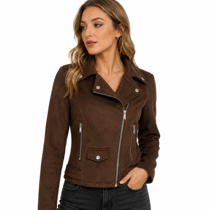 Coffee color women's faux suede jacket with a short slim fit, regular sleeves and pockets for elegant daily commuter outfits.