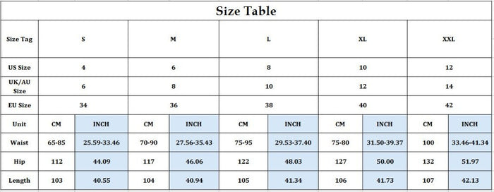 Size chart for clothing with various measurements in centimeters and inches.