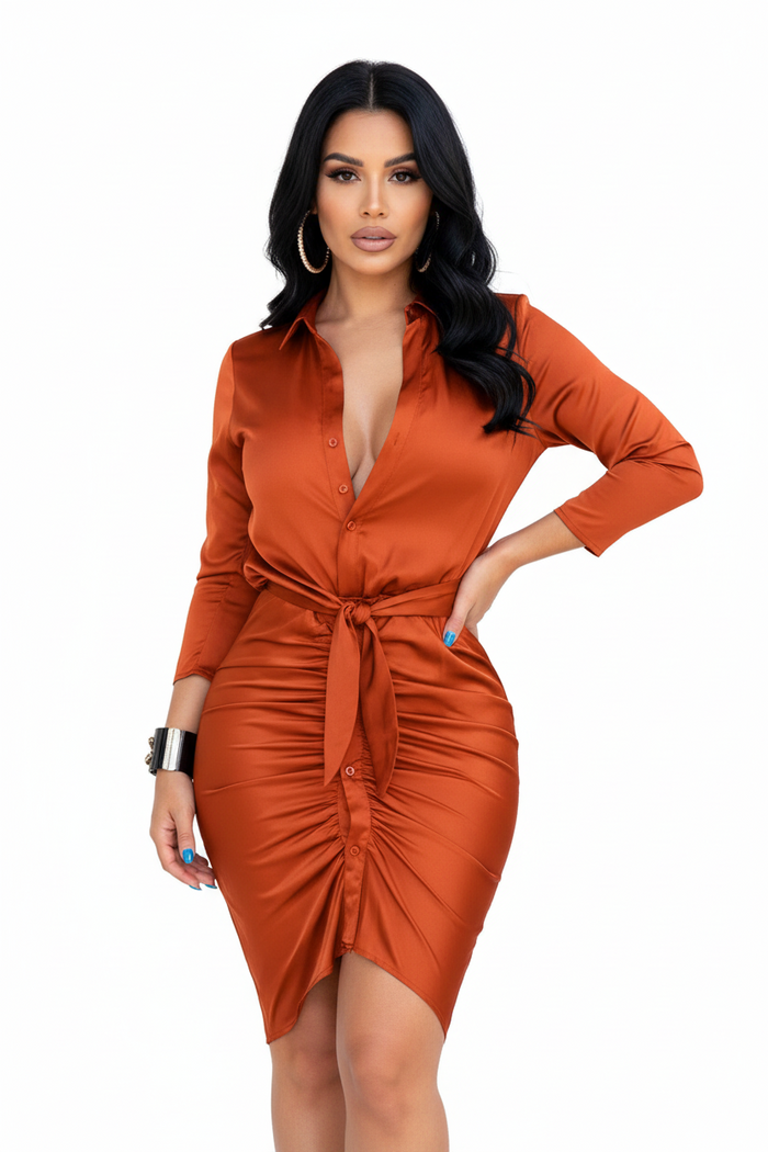 Women's Lace-Up Midi Shirt Dress Long Sleeve - Elegance