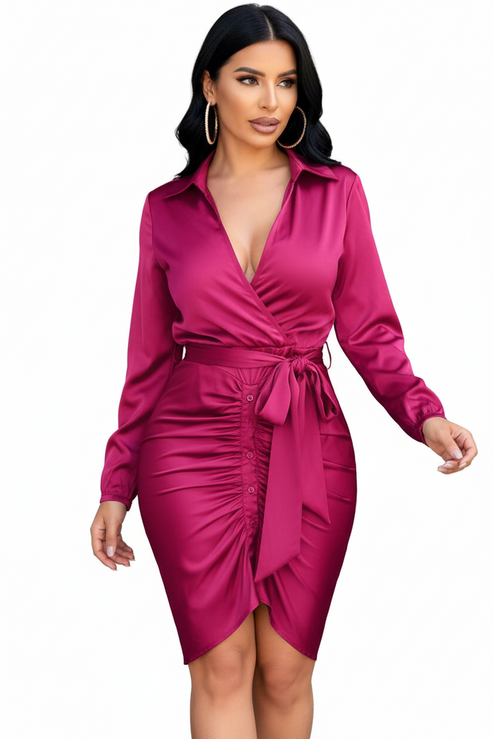 Women's Lace-Up Midi Shirt Dress Long Sleeve - Elegance