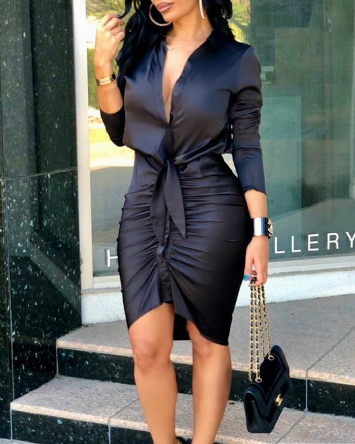 Women's Lace-Up Midi Shirt Dress Long Sleeve - Elegance