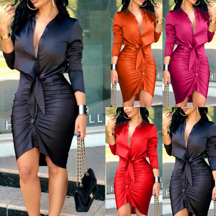 Women's Lace-Up Midi Shirt Dress Long Sleeve - Elegance