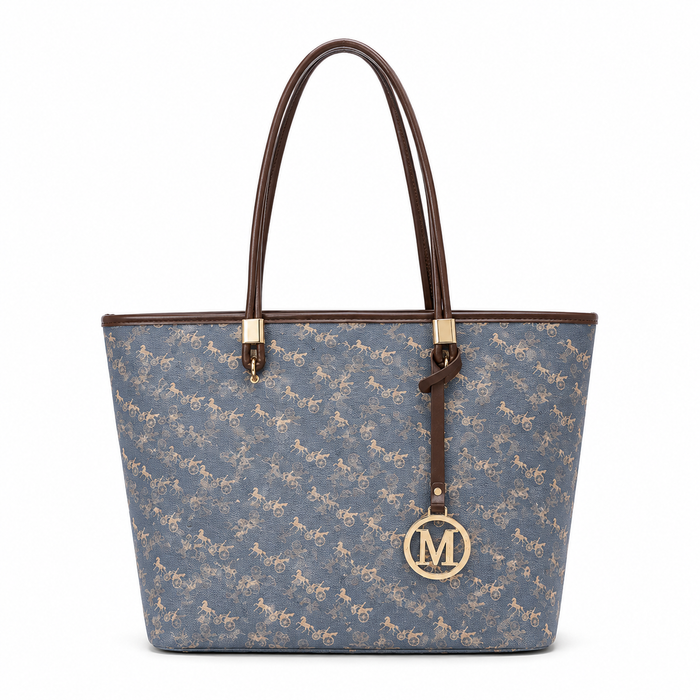 Front view of women's large everyday tote bag with brown handles and gold-tone hardware
