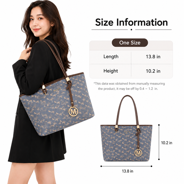 Women's large everyday tote bag size chart showing one size, 13.8 inch length and 10.2 inch height