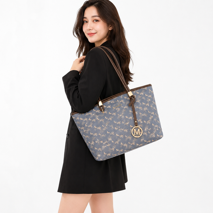 Women's large everyday tote bag shown on a model against a clean white studio background