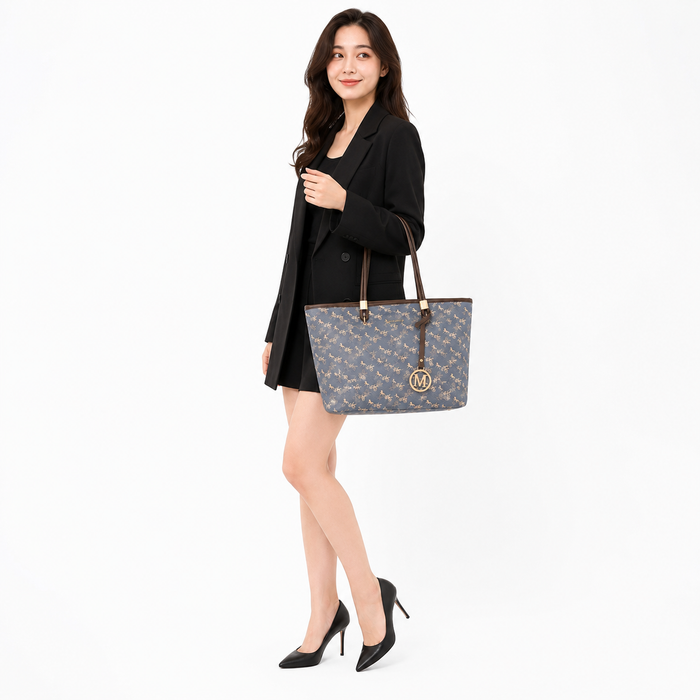 Full outfit view with women's large everyday tote bag carried naturally at the side