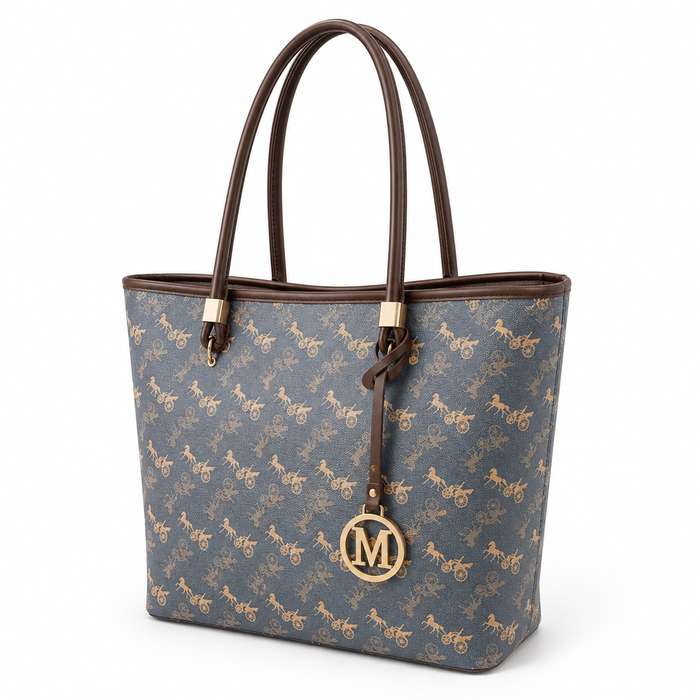 Angled view of women's large everyday tote bag showing structured shape and brown shoulder handles
