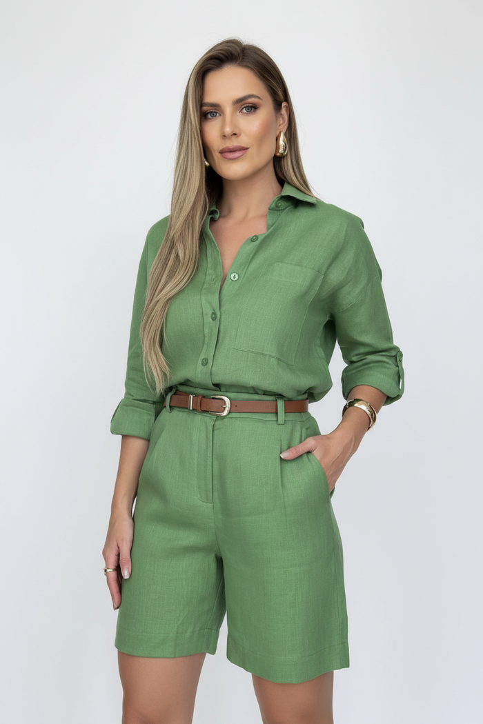 Women's linen pants set in green — relaxed fit top paired with wide-leg cotton pants, outdoor lifestyle shot