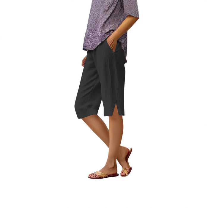 Loose women's linen shorts light purple, side pocket depth visible, breathable casual bottom, styled summer outfit women fashion
