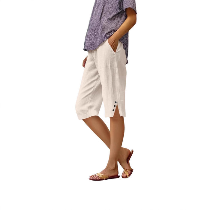 Women's casual summer shorts pink cotton linen, soft texture close-up, wide leg cut, elastic drawstring waist, effortless style