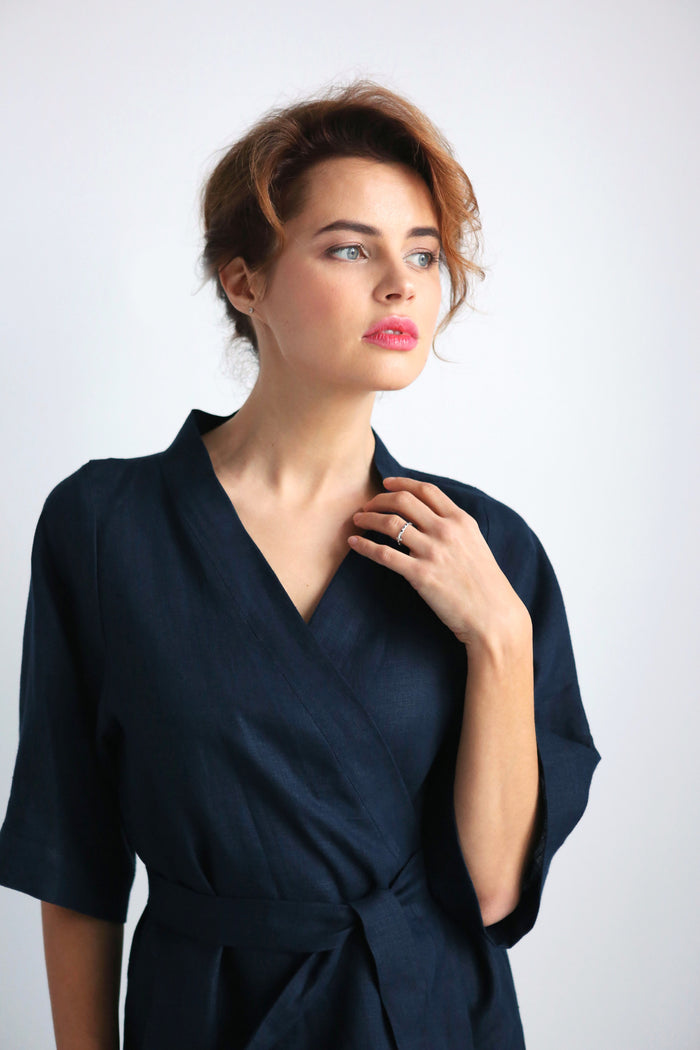 Women’s Long Linen Kimono UME in Dark blue