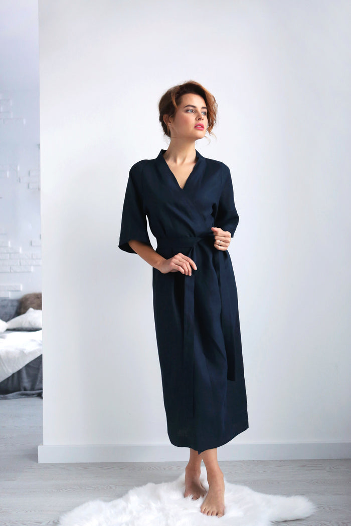 Women’s Long Linen Kimono UME in Dark blue