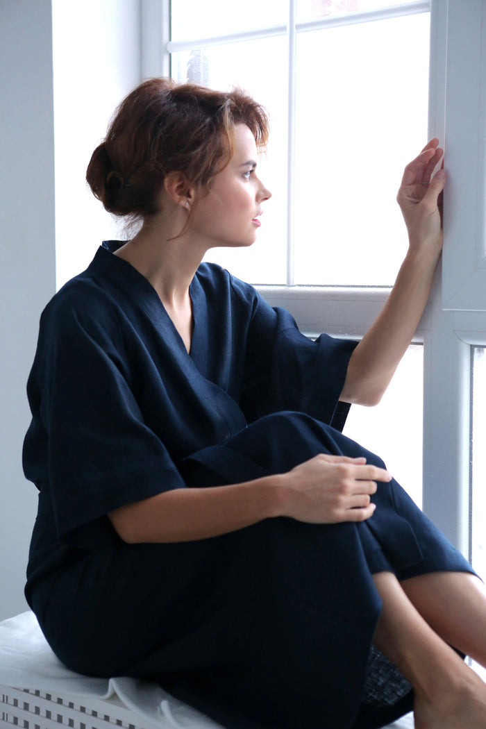 Women’s Long Linen Kimono UME in Dark blue
