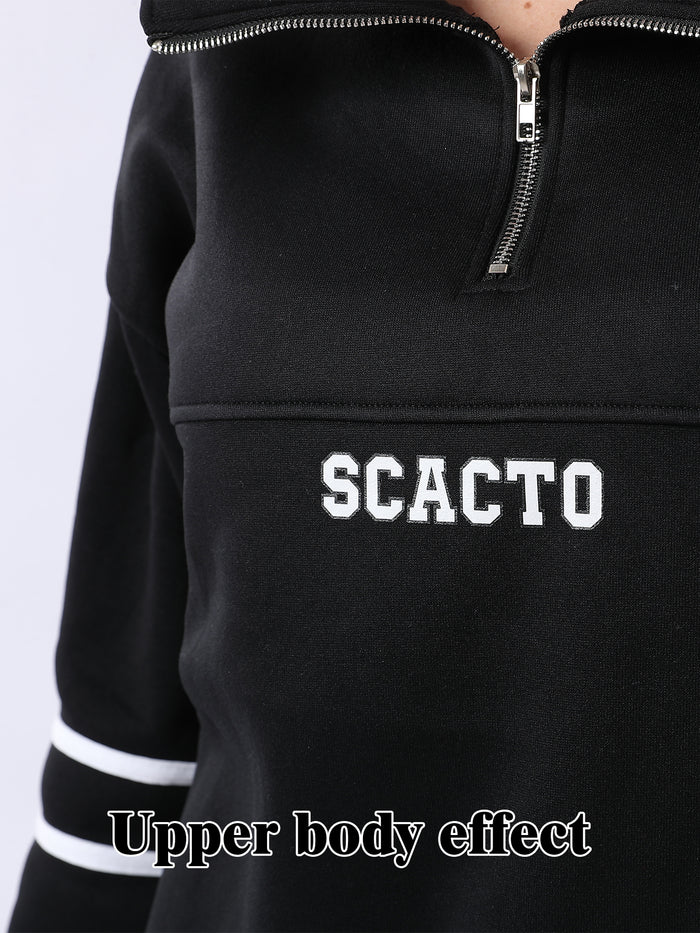 Black quarter-zip sweatshirt with 'SCACTO' branding on a white background
