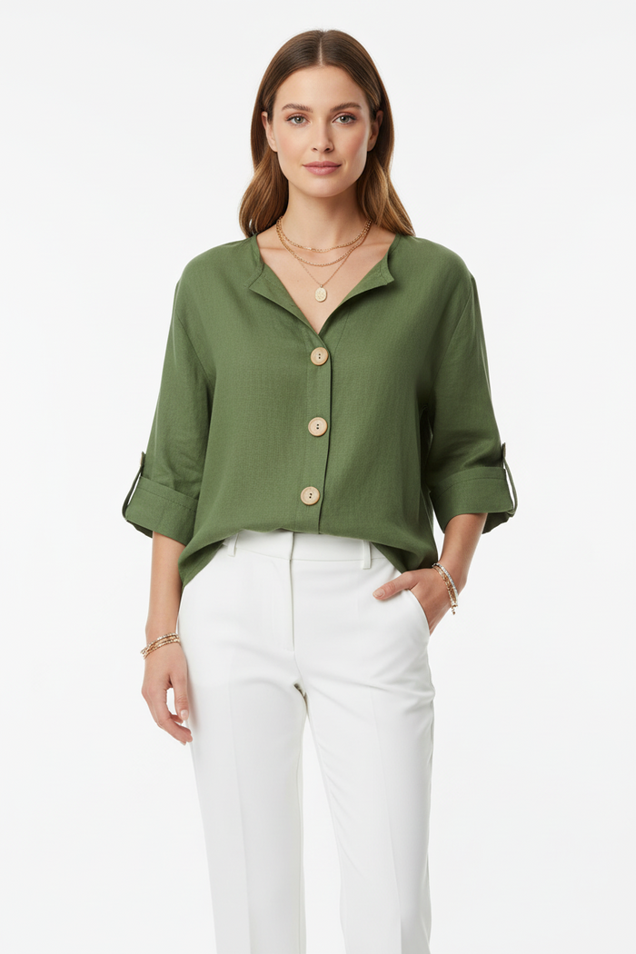 loose fit women's v-neck linen button shirt fresh army green rolled sleeves comfortable loose fit modern casual setting