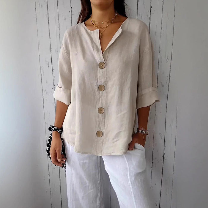 loose fit women's v-neck linen button shirt layered with delicate necklace casual street style top lifestyle shot