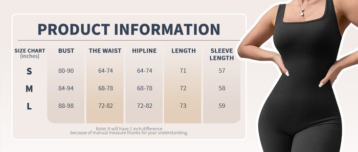 Black shapewear with product information chart on a beige background