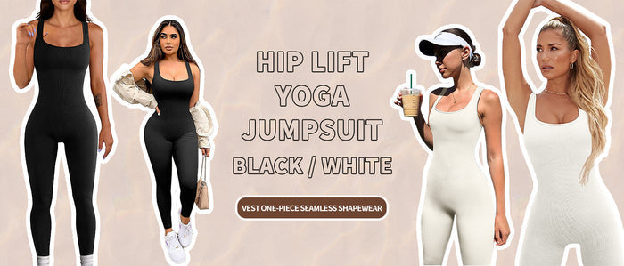 Two models wearing black and white hip lift yoga jumpsuits on a beige background.