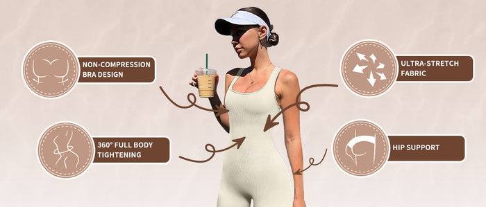 Woman in a white bodysuit with features highlighted on a beige background