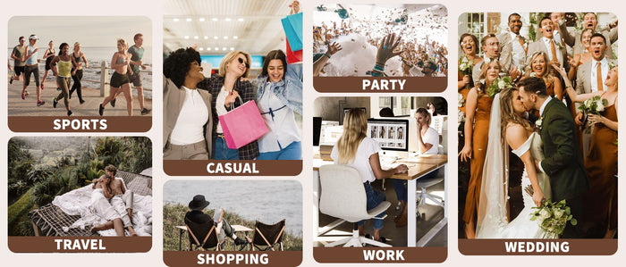 Collage of various lifestyle images labeled 'Sports', 'Casual', 'Party', 'Travel', 'Shopping', 'Work', and 'Wedding'.
