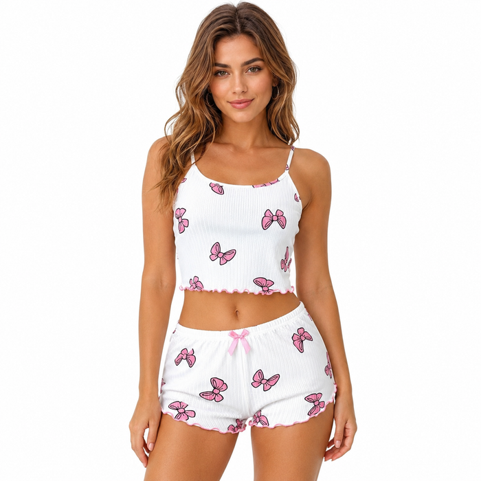 White bow-print women's loungewear set with ribbed knit tank and matching shorts, ideal for cozy indoor styling and rest set.
