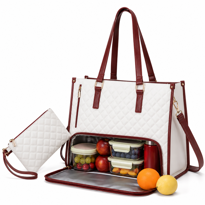 Women's lunch tote bag with quilted artificial leather exterior, thermal food section, laptop storage and matching wallet set