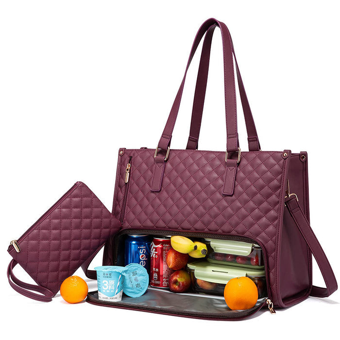 Large women's lunch tote bag in square vertical shape with quilted finish, single shoulder strap and organized inner sections