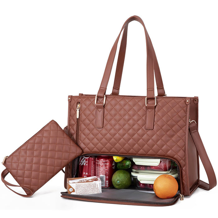 Women's crossbody lunch tote bag with medium-soft structure, plaid quilting, interior lining and matching purse for daily use