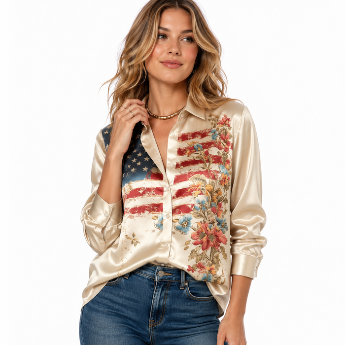 Retro artistic women shirt with 3D print effect, long sleeves and smooth polyester fiber for creative everyday styling looks.