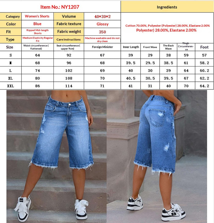 Denim shorts with size chart and product details on a yellow background