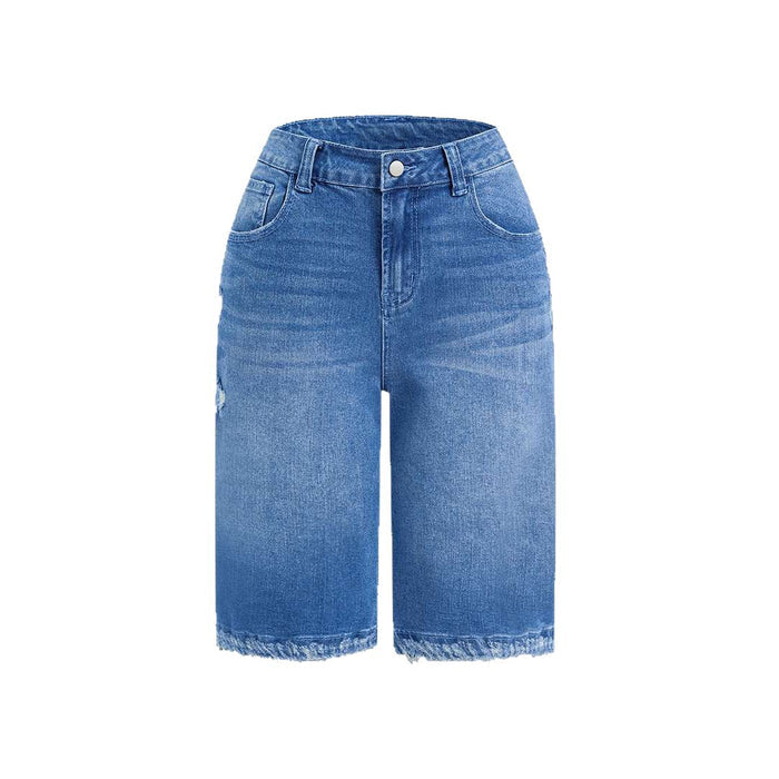 Side view of straight-cut denim shorts with worn-in ripped accents