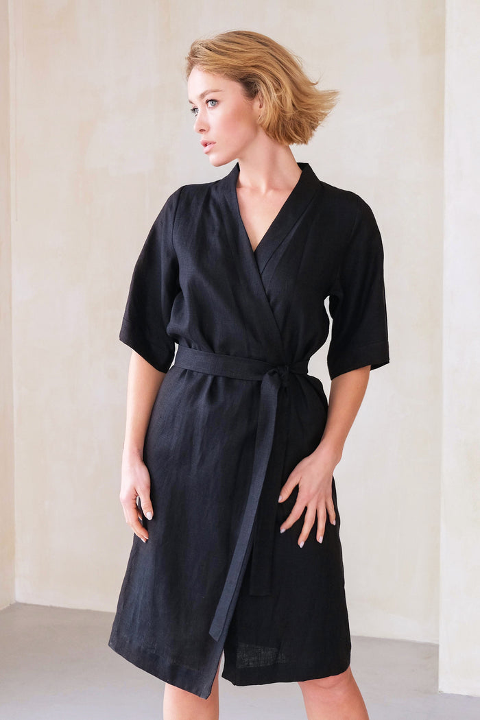 Women’s Short Linen Kimono UME in Black