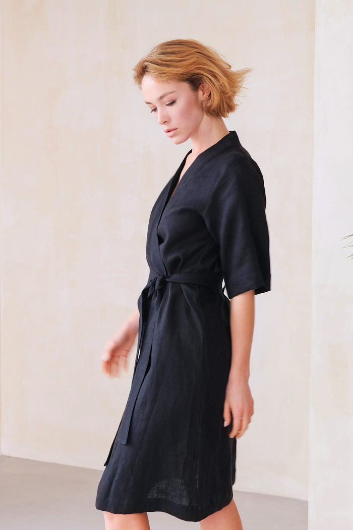 Women’s Short Linen Kimono UME in Black