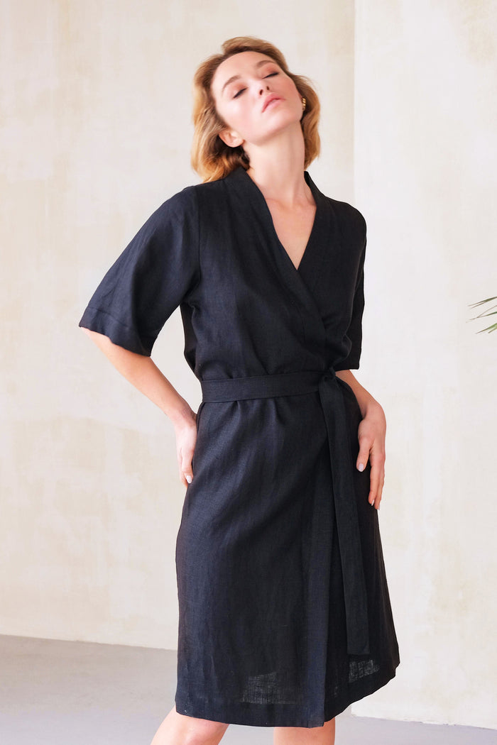 Women’s Short Linen Kimono UME in Black