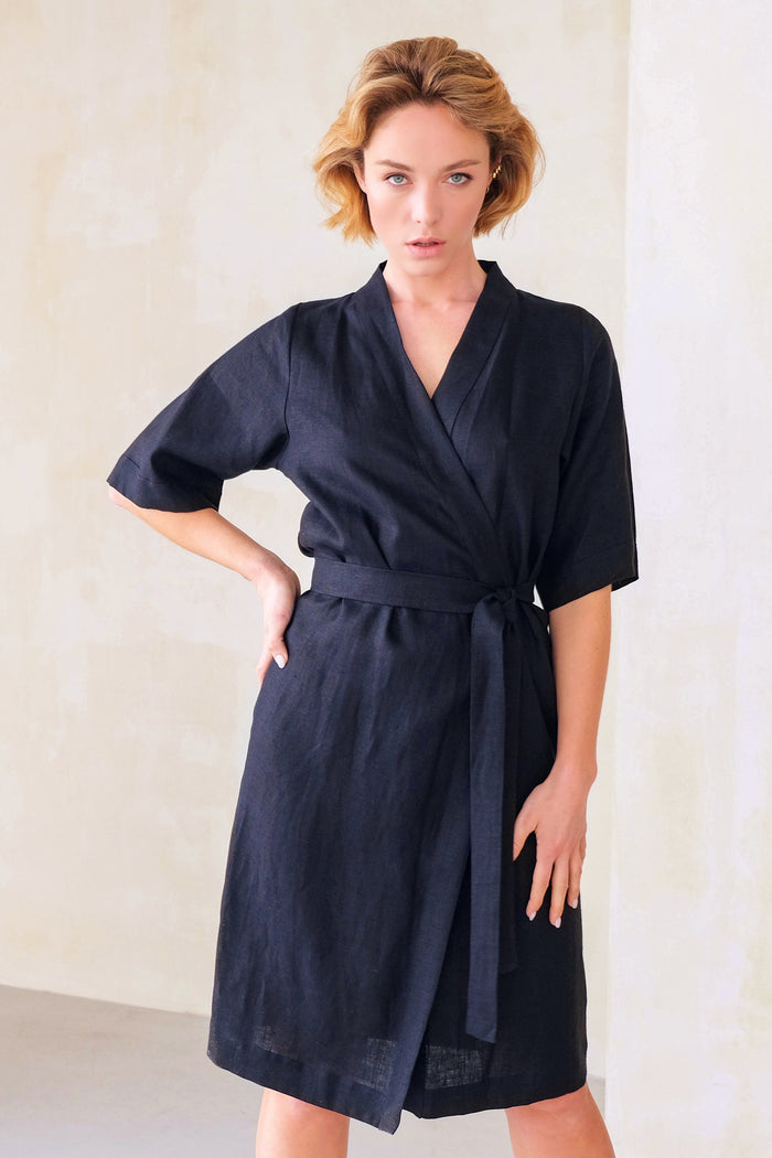 Women’s Short Linen Kimono UME in Black