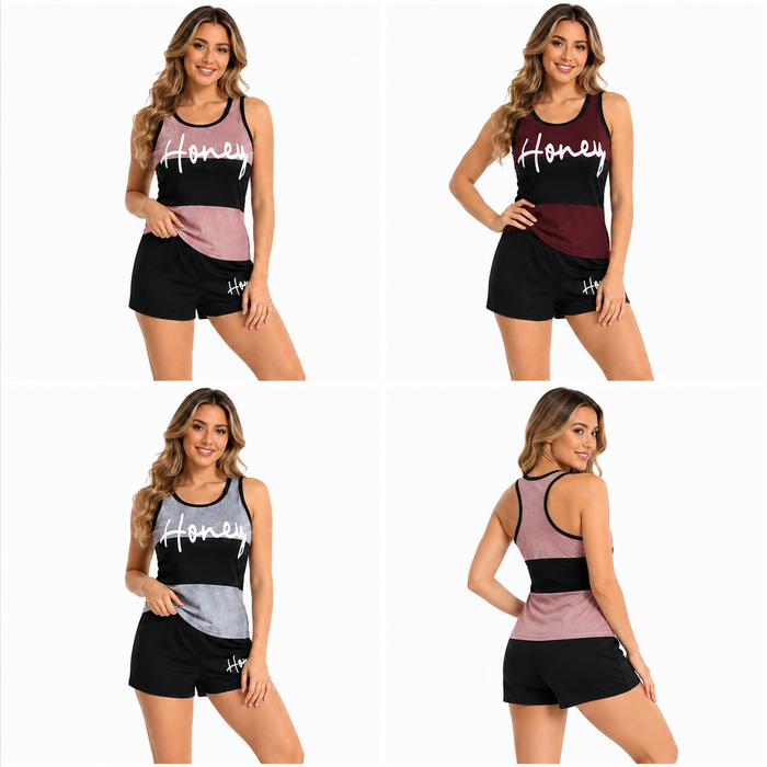 Casual two piece shorts set for women in pink gray or red, made for cool comfort at home or outside today with stretchy fit S