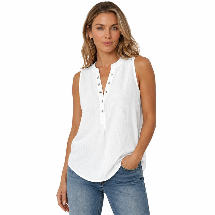 Women's sleeveless blouse with relaxed fit, button front detail, textured fabric and curved hem for workwear and casual outfits.