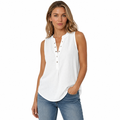 Women's sleeveless blouse with relaxed fit, button front detail, textured fabric and curved hem for workwear and casual outfits.