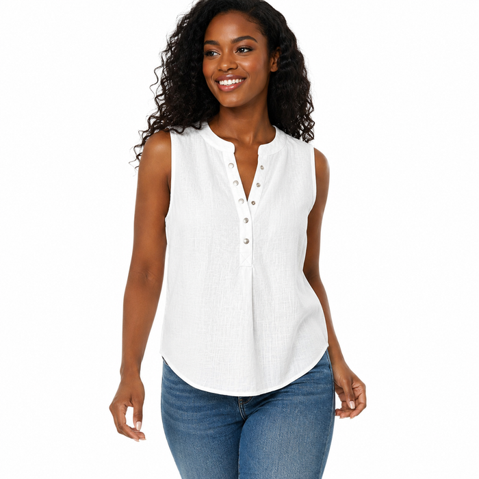 Women's sleeveless work top with textured fabric, curved hem and button details for office, smart casual and daily styling.