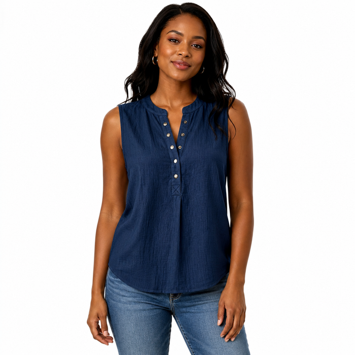 Women's sleeveless blouse for work featuring a relaxed shape, split neckline and clean button detail for polished styling.