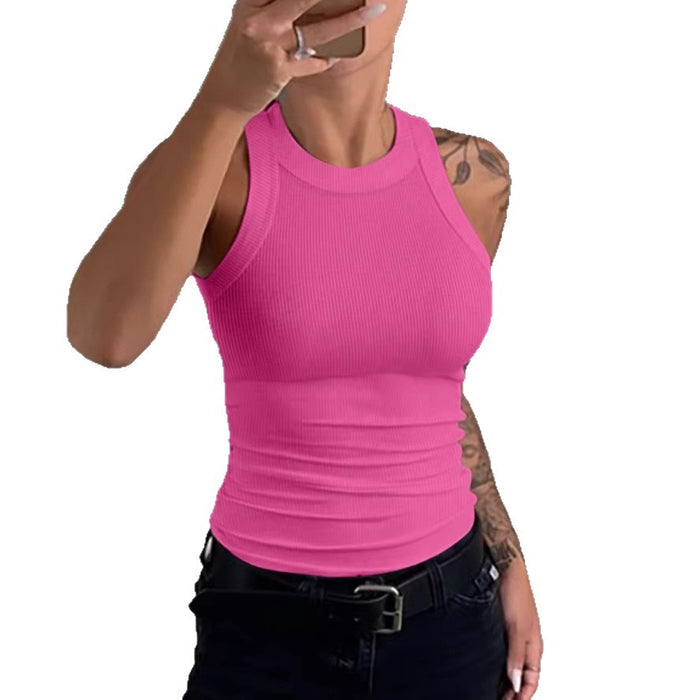Person wearing a pink tank top on a white background