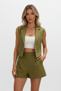 Sleeveless lapel vest black tailored waist women's two-piece suit set styled for business casual office wear