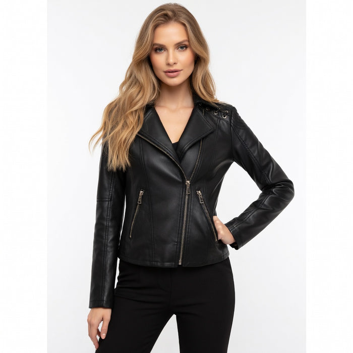 Women's slim leather jacket with short PU construction and lapel collar, shown for casual city layering and everyday outfits.