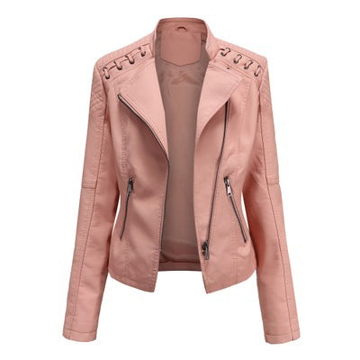 Women's short PU moto jacket with lapel collar and slim styling, shown for everyday layering across the listed color options.