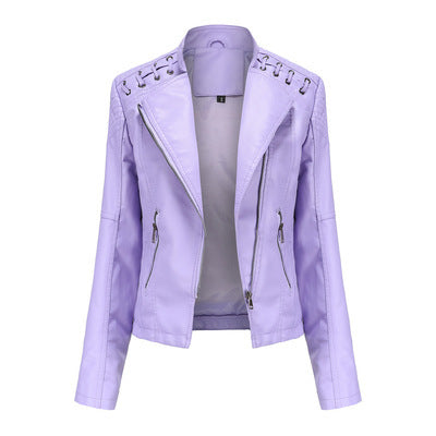 Short PU moto jacket for women with lapel collar and slim styling, shown as an outerwear choice for jeans and casual outfits.